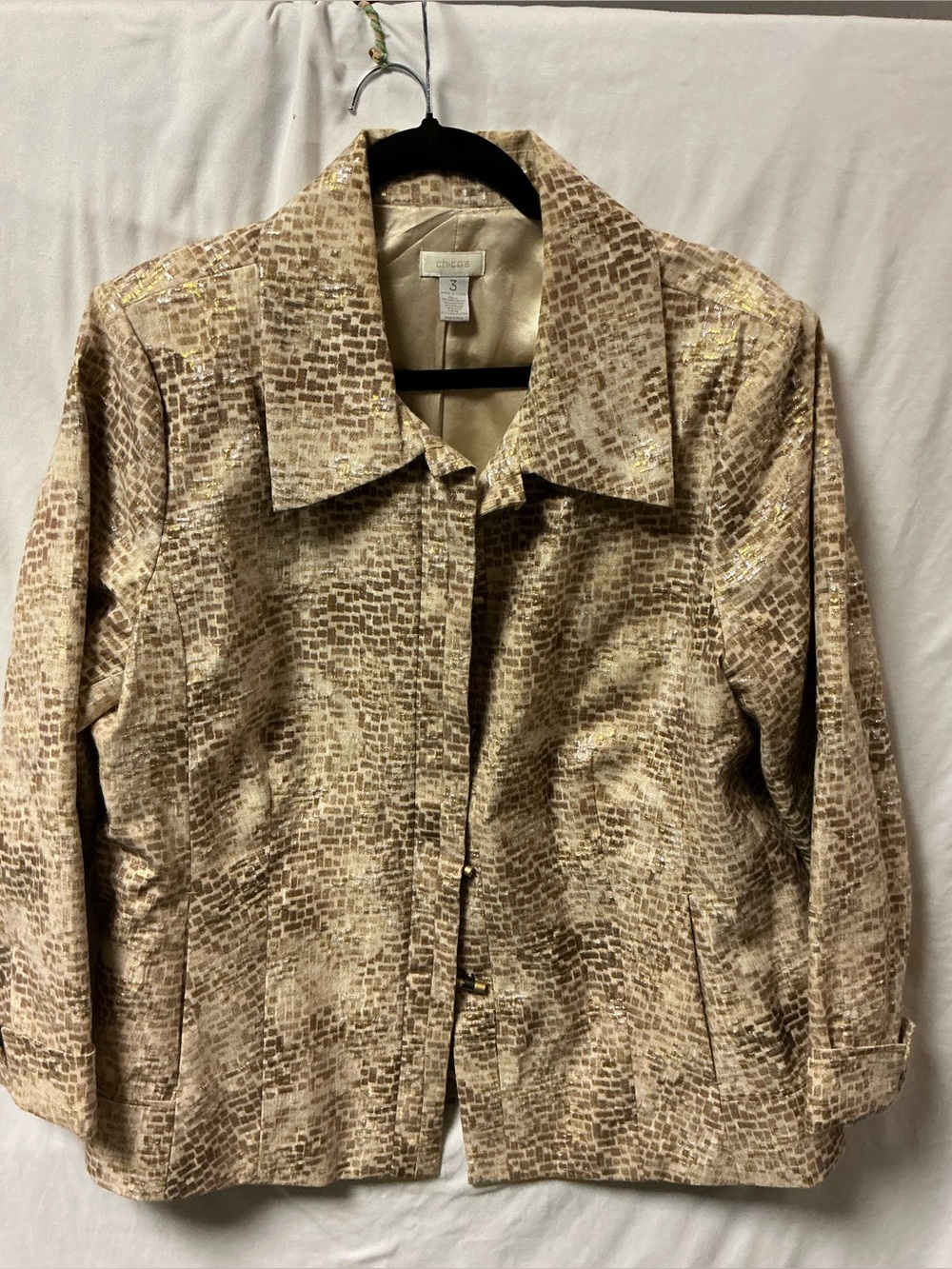 Chico's Beige Textured Blazer with Gold Accent